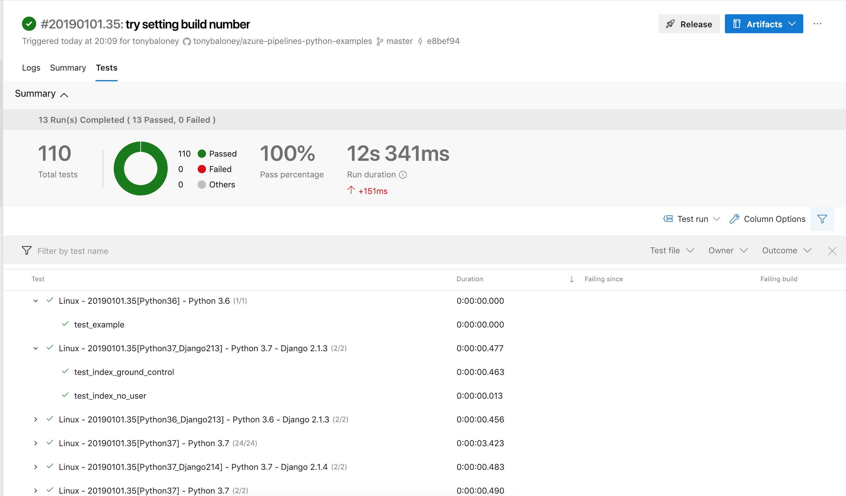 Screenshot of Azure Pipelines Test Console