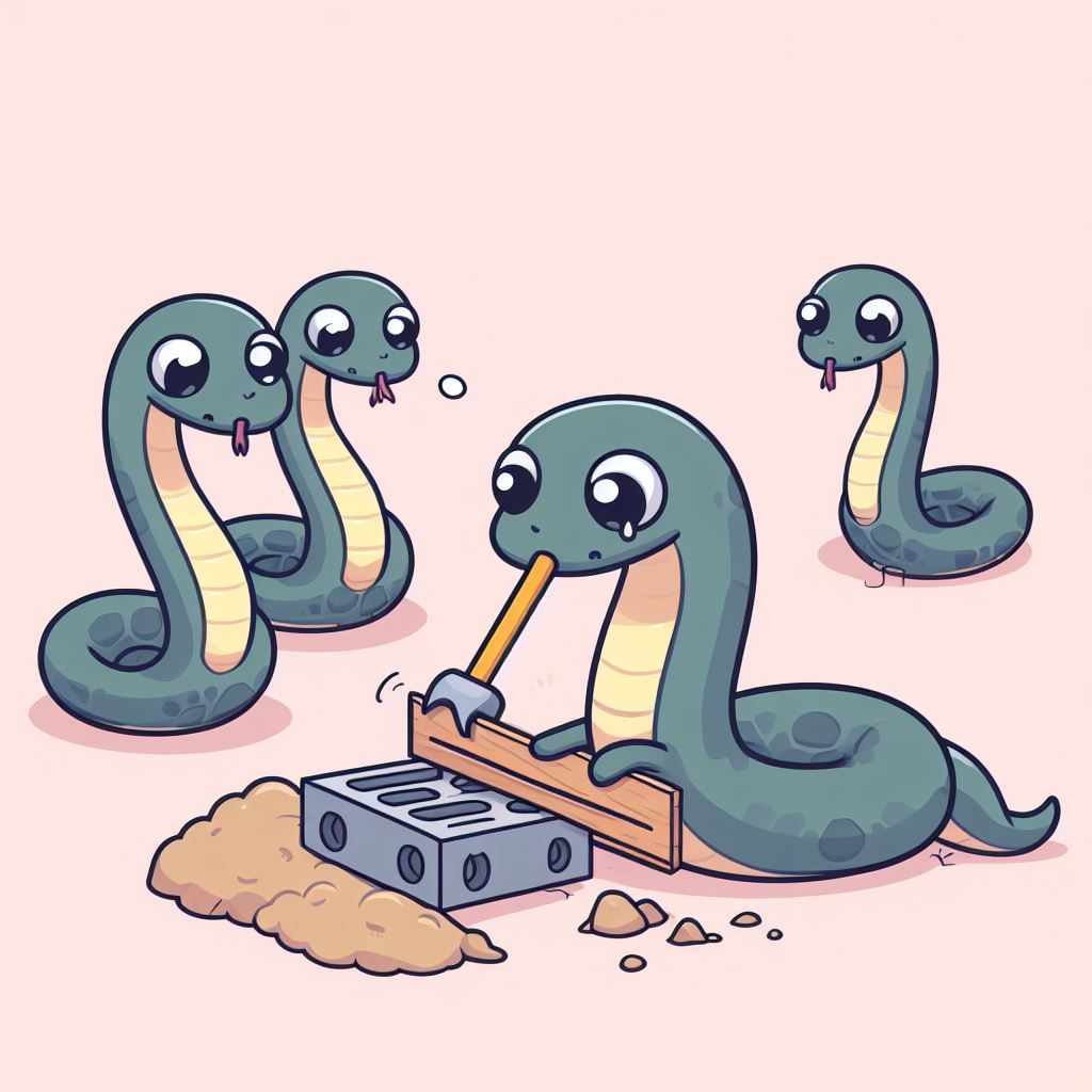 A cartoon of a snake doing work, whilst 3 other snakes watch it