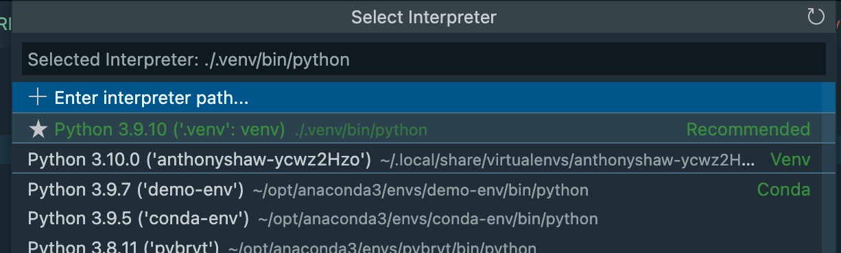 Select interpreter in VS Code